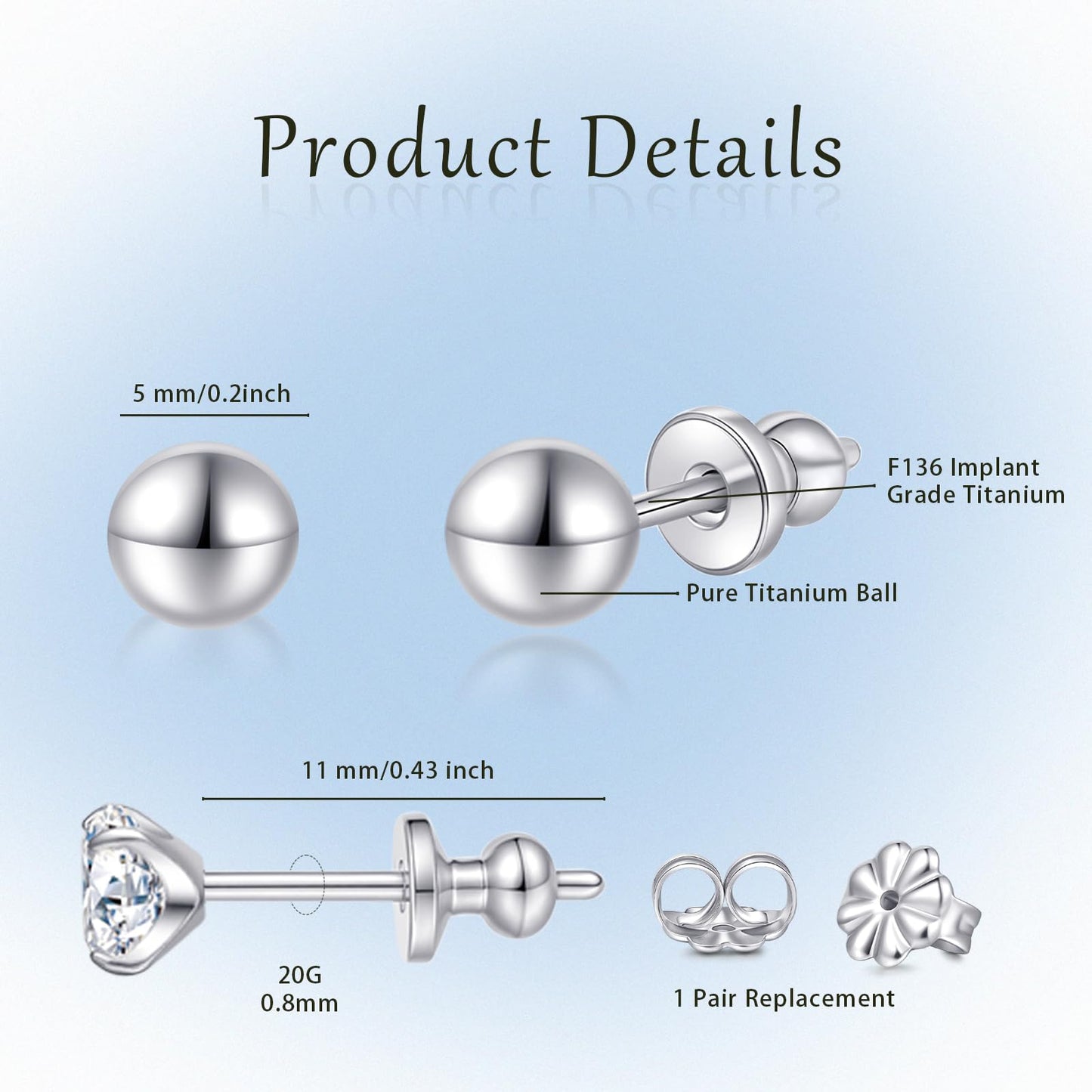 Limerencia G23 Pure Titanium Earrings F136 Implant Grade Titanium Studs 20G Hypoallergenic Round Cubic Zirconia/Princess-Cut/Square/Ball Earrings for Women Men Sensitive Ears(5mm Round Ball)
