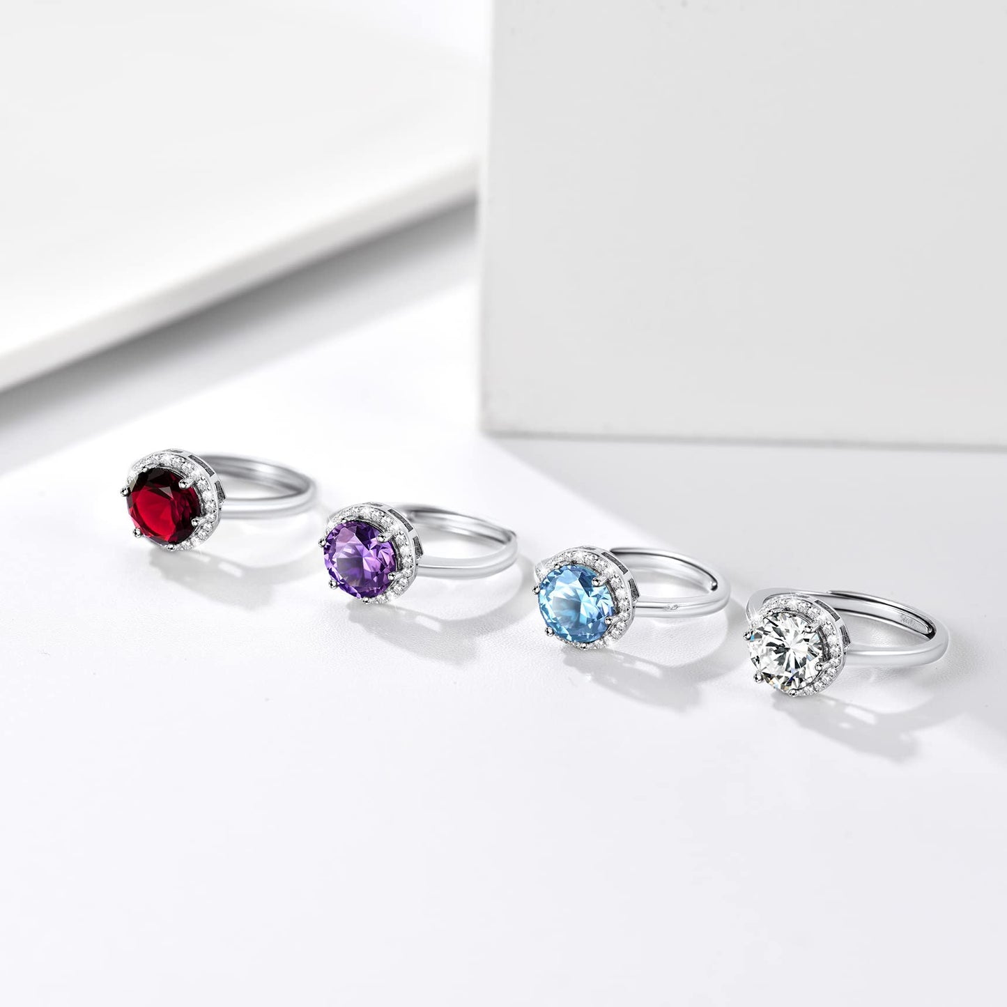 Bestyle 925 Sterling Silver Love Round Cubic Zirconia Rings March Aquamarine Crystal Gemstone Rings for Women, Hypoallergenic Adjustable Rings for Every Finger