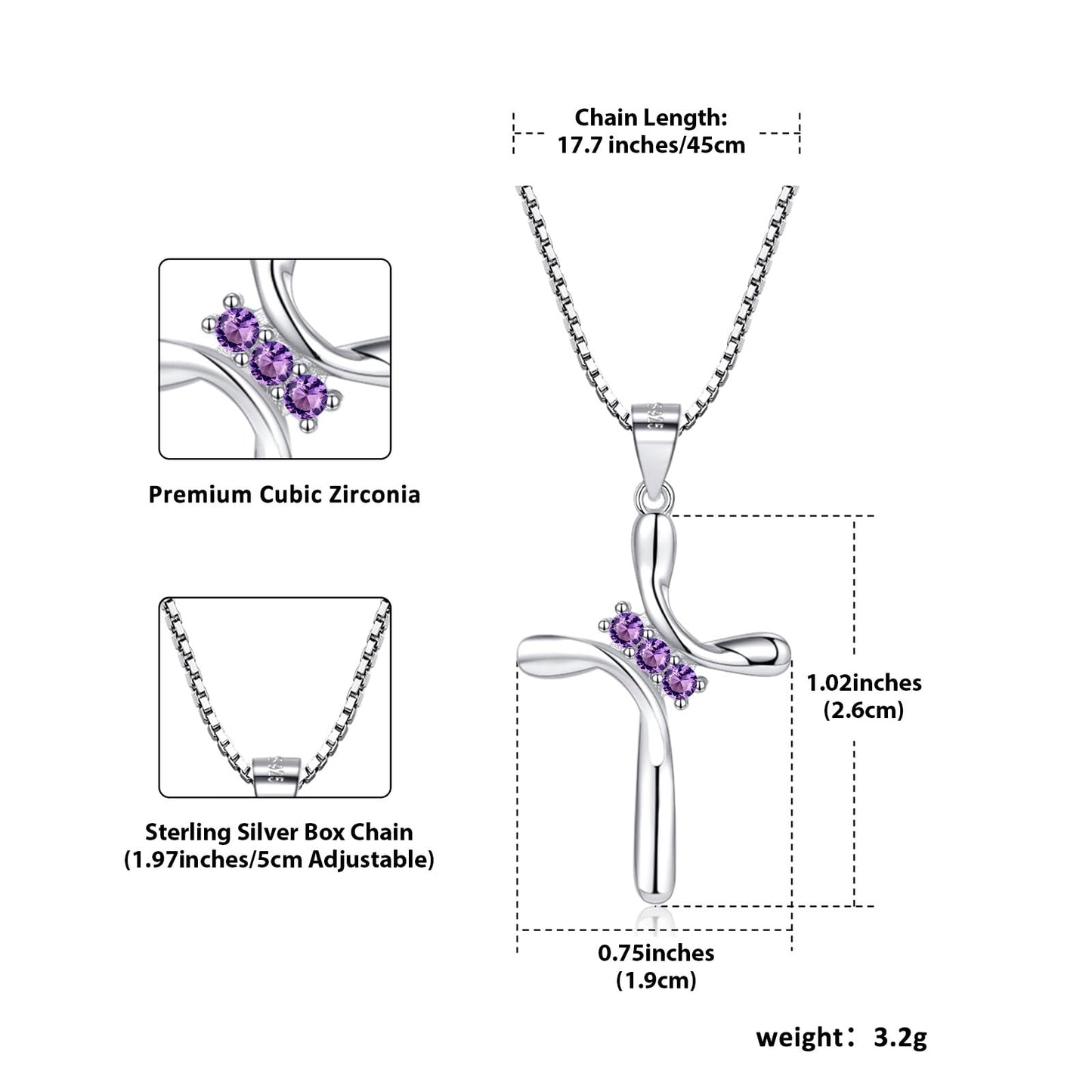EVERU Amethyst Necklace 925 Sterling Silver,February Birthstone Necklace,Silver Cross Necklaces for Women,Purple Cross Pendant Jewelry Ideal Gift