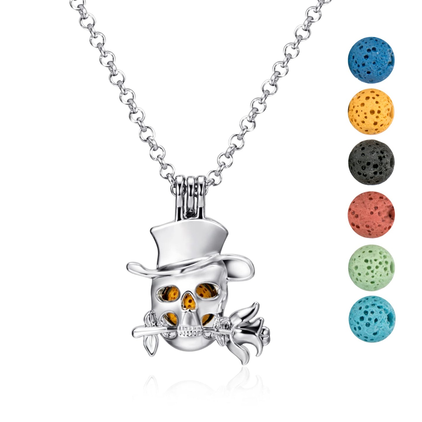 Wild Essentials Top-hat Skull Essential Oil Diffuser Necklace Gift Set with Inner Calm & Relax Oils – Nickel Free Alloy Pendant with 6 Lava Stones – USA Made Oils & Perfume Necklace – Family Company
