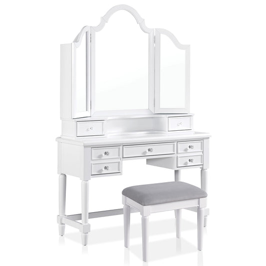 24/7 Shop at Home Nyx Traditional 3-Piece Wood 5 Drawers Makeup Vanity Table, Tri-Fold Mirror and Stool Set with Jewelry Storage, 7 Shelves, Padded Seat for Bedroom, Dressing Room, White and Gray