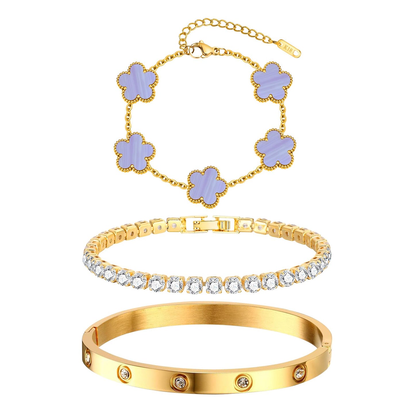 MPRAINBOW Womens Stackable Floral Bracelets, 3Pcs 18K Gold Plated Bracelet,Stainless Steel Bangle Chain Non Tarnish, Bracelet Set Trendy Jewelry,Christmas Valentines Birthday Gift for Girlfriend