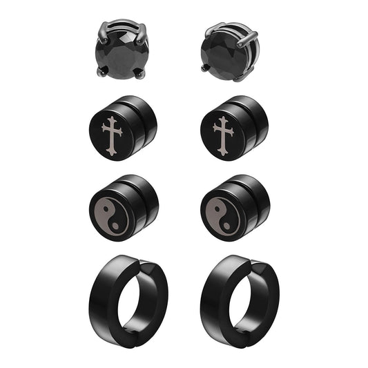 Airokiy 4 Pairs Magnetic Earrings For Men Non Pierced Fake Earrings For Men Black Clip On (8/13mm)
