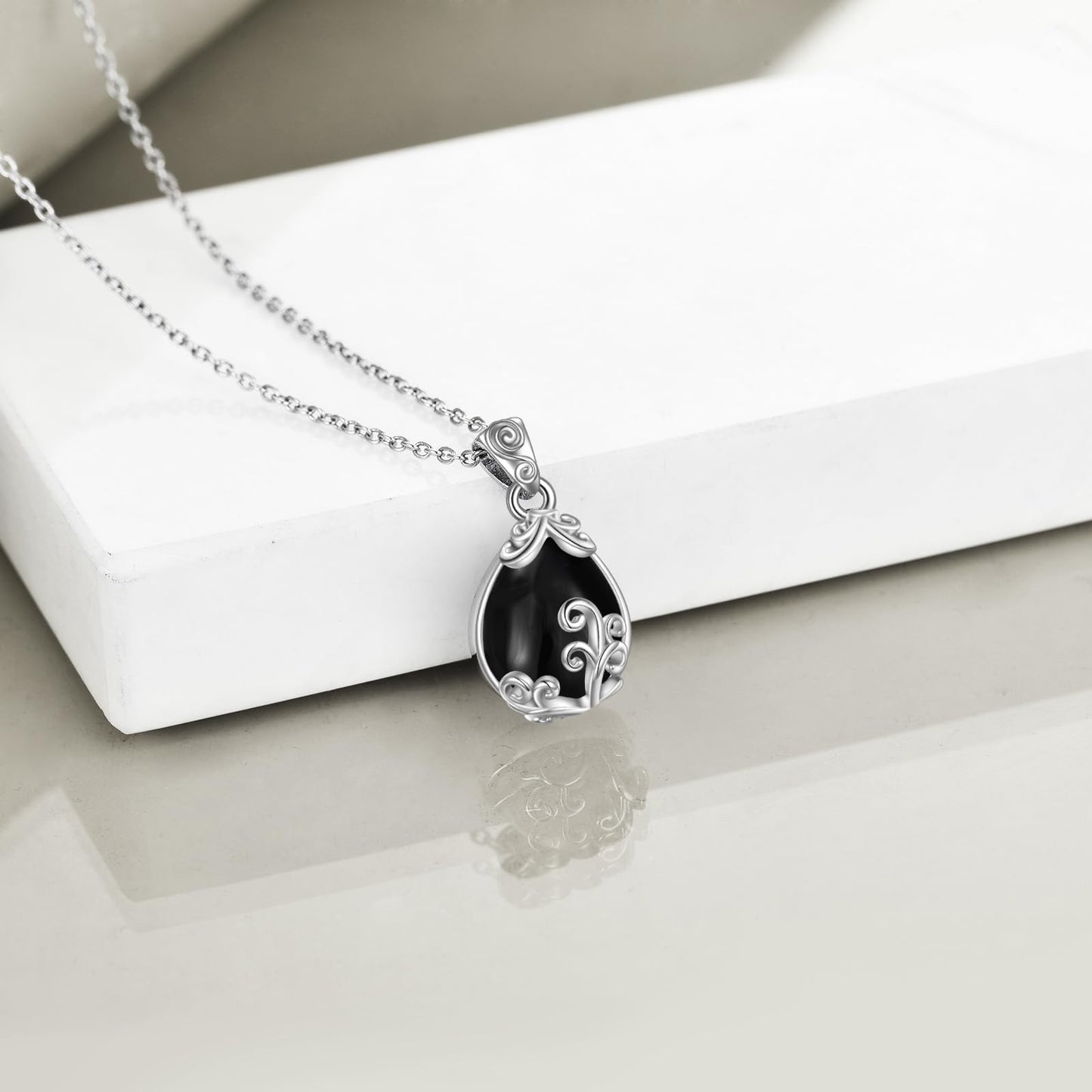 POPLYKE Sterling Silver Black Tourmaline Filigree Teardrop Pendant Necklace Gemstone Crystal Jewelry for Women