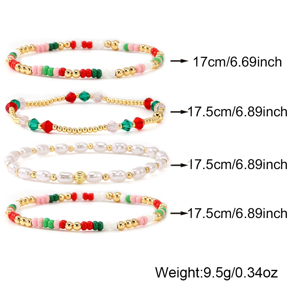 Bohxantium Christmas Gold Crystal Pearl Beaded Bracelet Set for Women Stackable Red Green White Gold Beads Handmade Boho Stretch Crystal Pearl Jewelry Holiday Festive Party Vacation New Year Xmas Gift