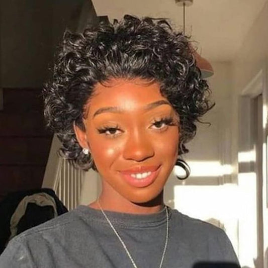QUEEN VIRGIN REMY QVR Pixie Cut Wig Curly Lace Front Wigs 13x1 short curly lace front wigs human hair HD Lace Pixie Human Hair Wigs for Black Women Glueless Wigs (Natural Black)