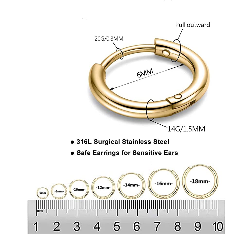 316L Surgical Stainless Steel Huggie Hoop Earrings 6mm Gold Hypoallergenic Earrings Hoop Cartilage Helix Lobes Hinged Sleeper Earrings For Men Women(A08:6mm Gold(THK 1.5mm))