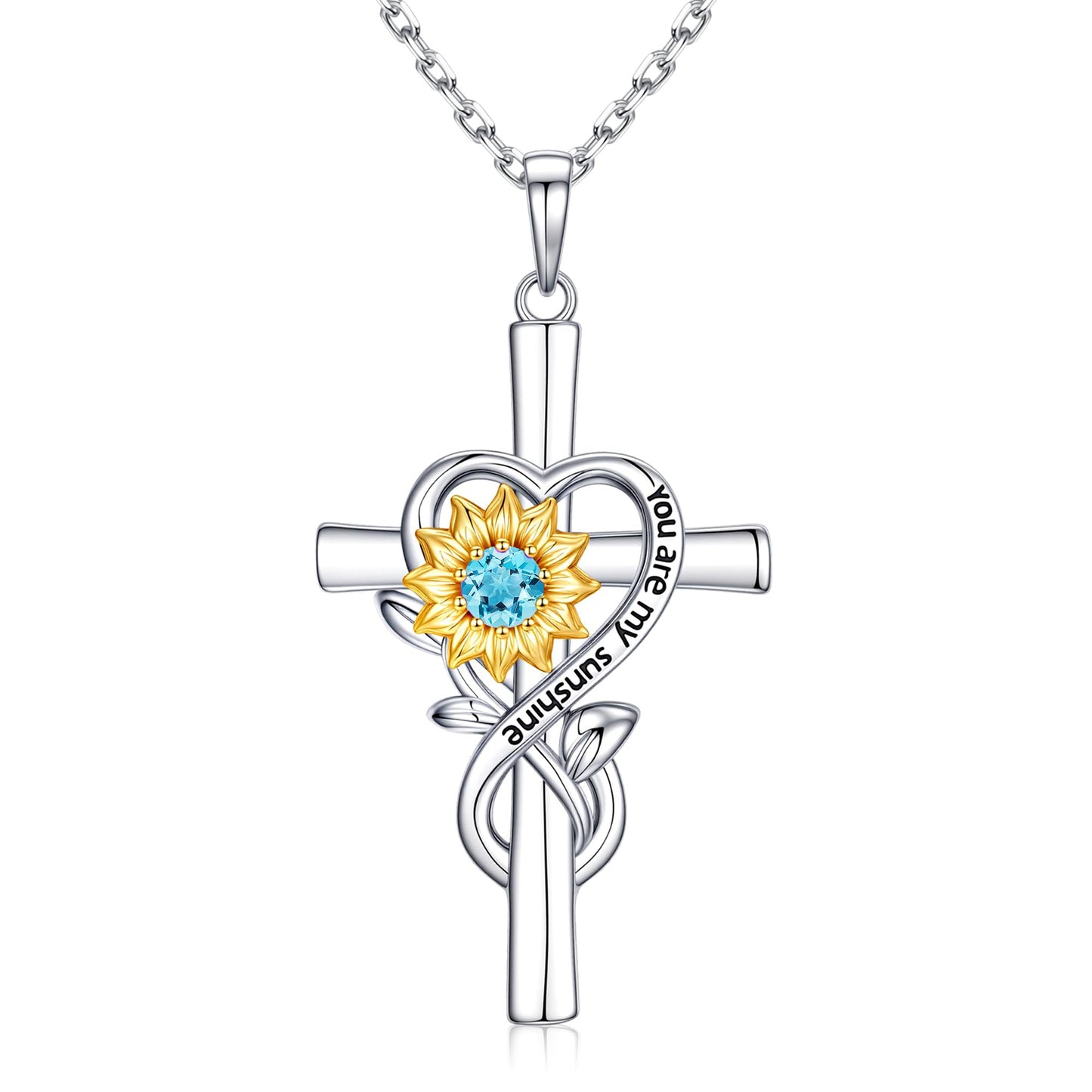 Iefil Cross Necklace for Women - Simulated Aquamarine Jewelry, March Birthstone Necklace | Anniversary Birthday Gifts, Sunflower Gifts for Wife Women Mom
