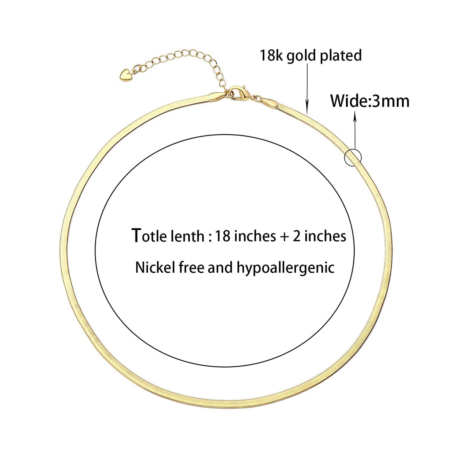 MAIKERDER Herringbone Necklace for Women, 18K Gold Plated Dainty Snake Chain Necklaces Minimalist Simple Flat Gold Necklaces Trendy Non Tarnish 18 Inches