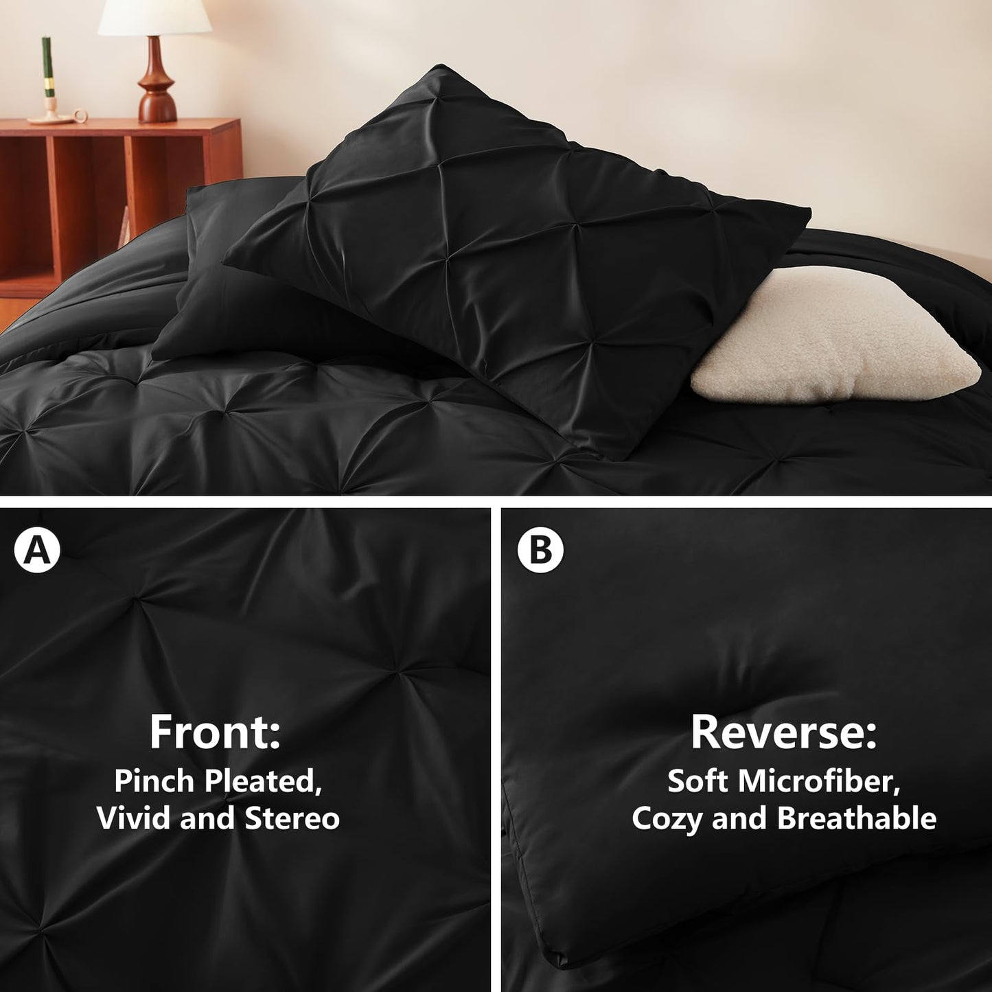 CozyLux Queen Comforter Set Black, 7 Pieces Pintuck Bed in A Bag, Premium Black Comforter Queen Size, Pinch Pleat Bedding Sets with Comforter, Sheets, Pillowcases & Shams