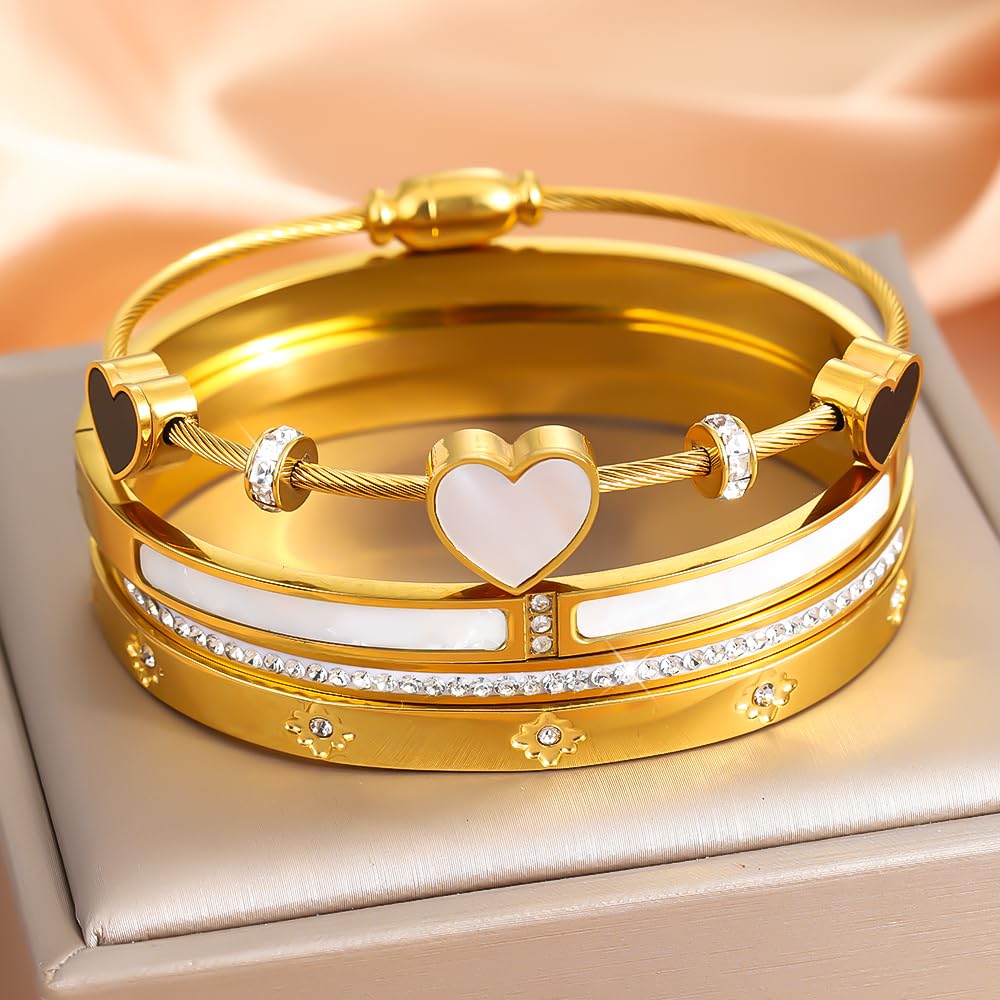 Women's 18K Gold Plated Stainless Steel Bracelet Set (6cm/2.3inch) - Waterproof Delicate Stackable Bangle Set with Mother of Pearl, Heart Design & Cubic Zirconia for Women Jewelry Gifts (4pcs Bracelet Set A)