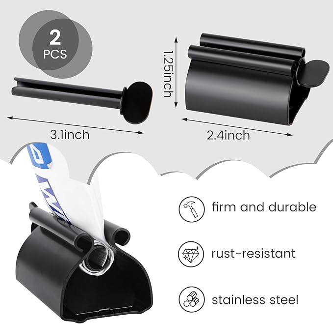 LOVEINUSA Toothpaste Tube Squeezer Dispenser, 2PCS Toothpaste Roller Squeezer Tool Stainless Steel Tooth Paste Holder for Bathroom, Black