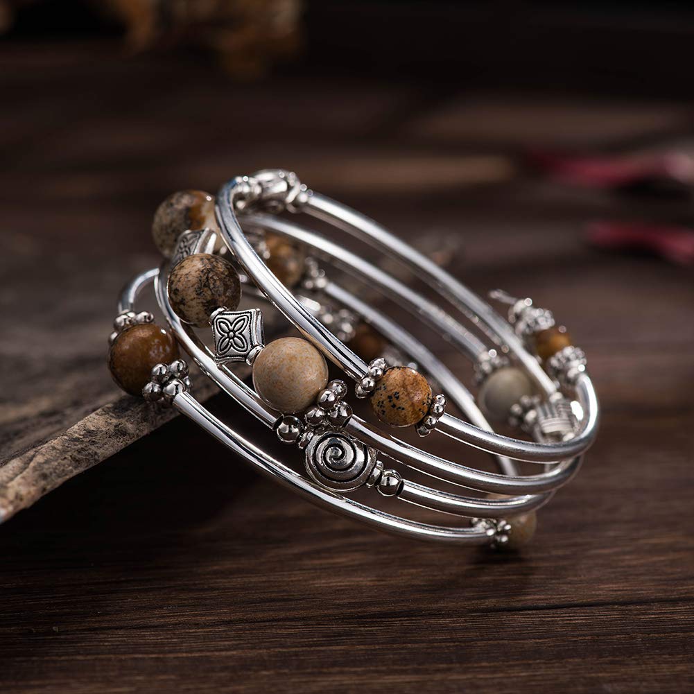 Beaded Pearl Bangle Wrap Bracelet - Fashion Bohemian Jewelry Multilayer Charm Bracelet with Thick Silver Metal Beads, Gift For Women(Picture Stone)