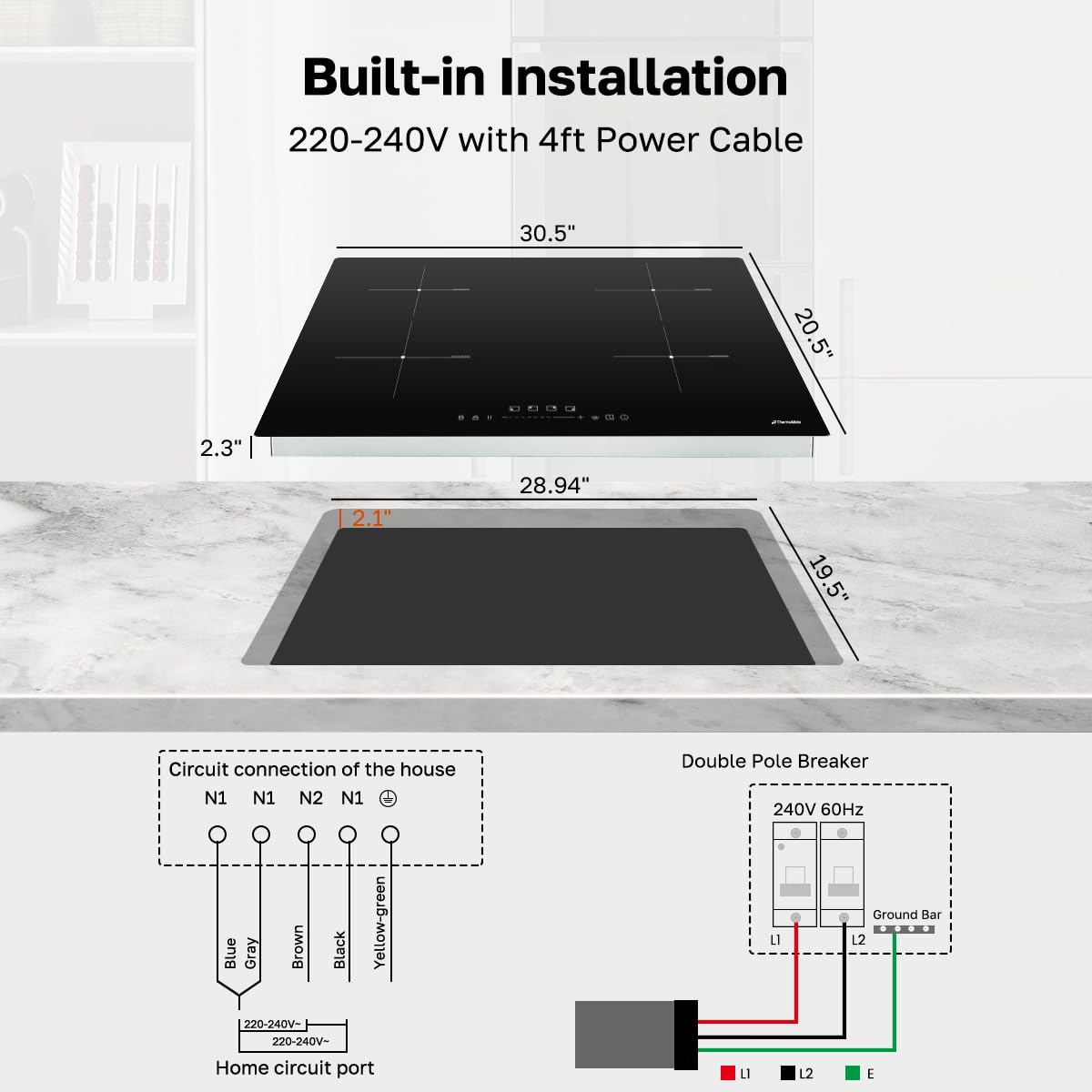 ThermoMate 30 Inch Induction Cooktop, 7200W Built in Induction Stove Top, Electric Cooktop with 4 Boost Burner, 9 Heating Level, Timer & Child Safety Lock, Sensor Touch Control, 240V