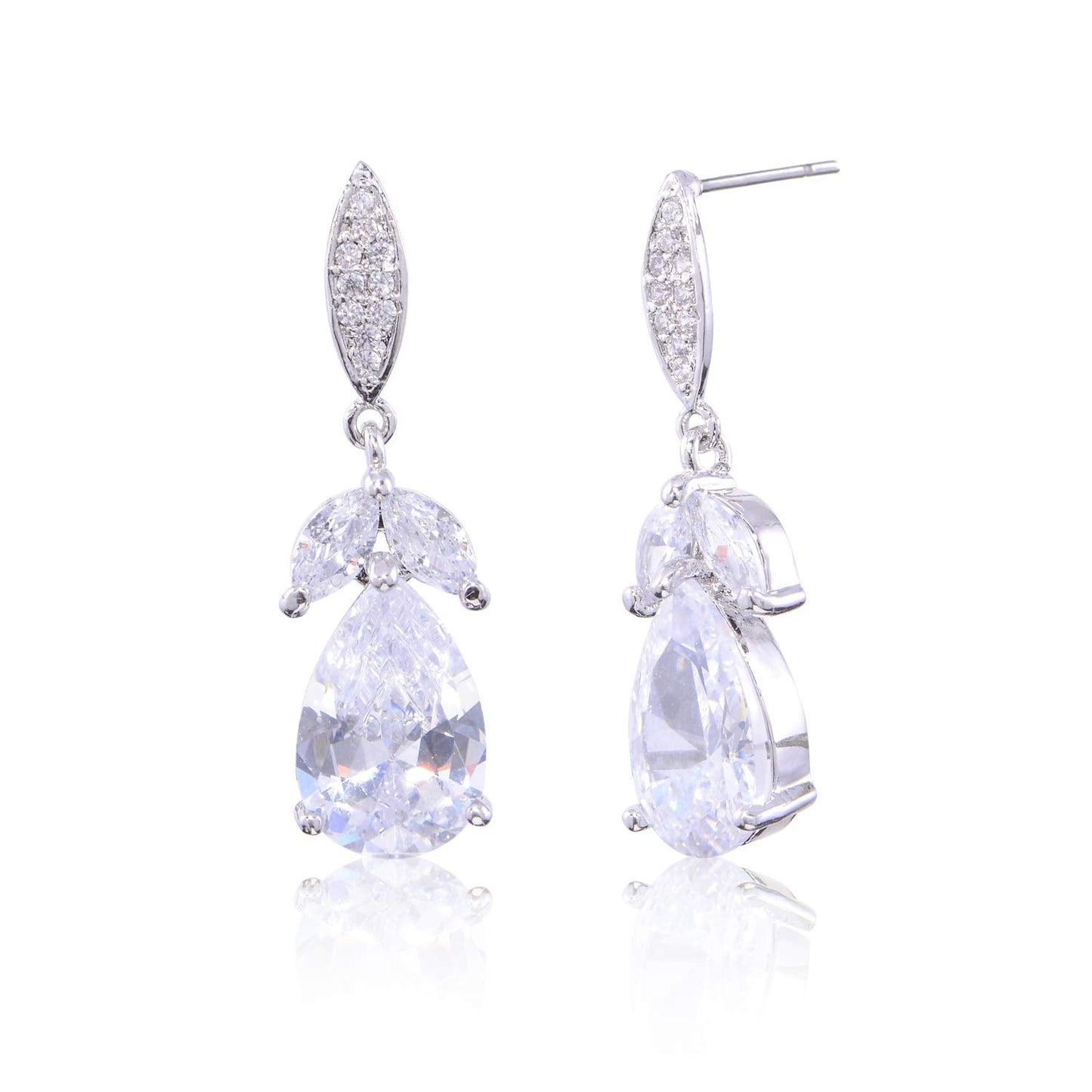 Women's Cubic Zirconia Bridal Earring - Elegant 14k White Gold Plated Teardrop Cluster Floral Leaf CZ Crystal Rhinestone Wedding Bride Bridesmaids Mother of Bride Party Prom