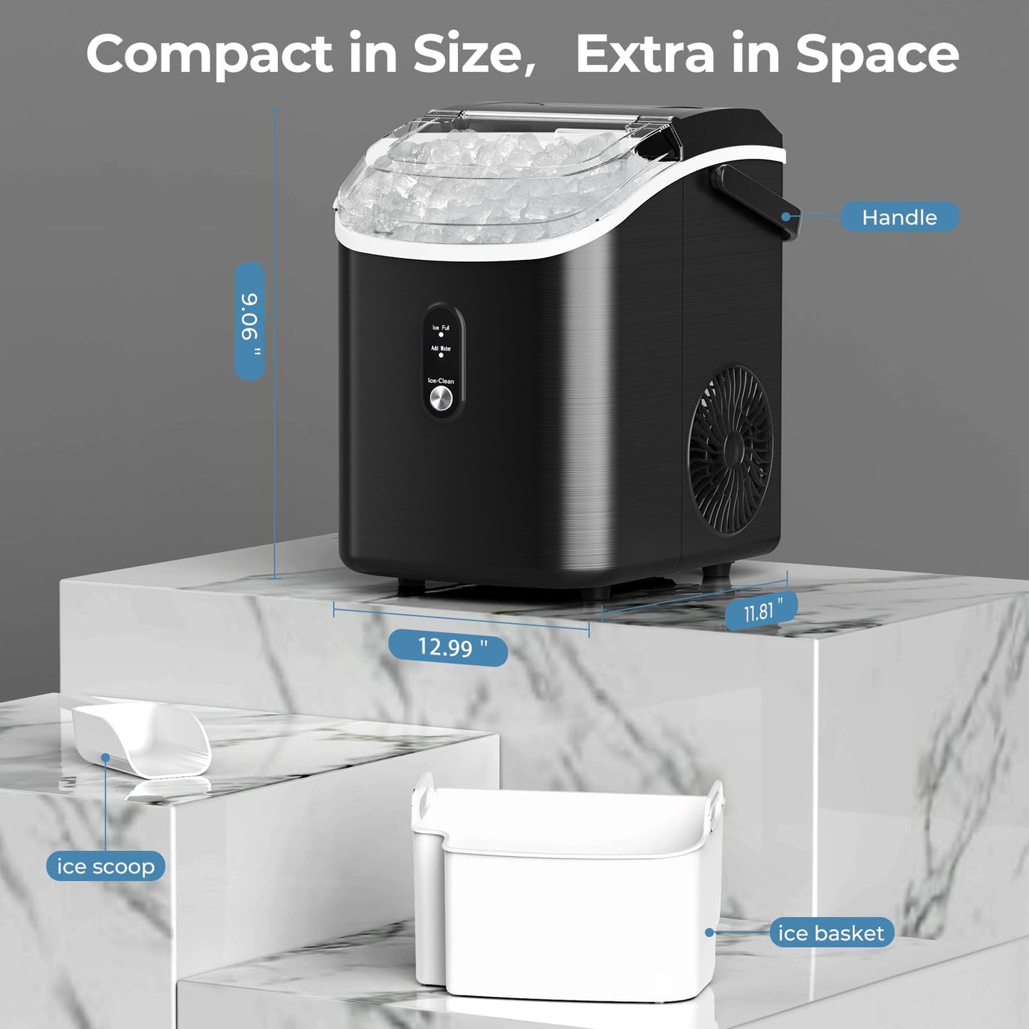 Nugget Ice Maker Countertop, 35.5Lbs/24Hrs Chewable Sonic Ice Machine with Self-Cleaning, Handle, Water Tank, Quiet Operation & Portable Pellet Ice Maker for Home, Office, Kitchen, Bar, Deep Black
