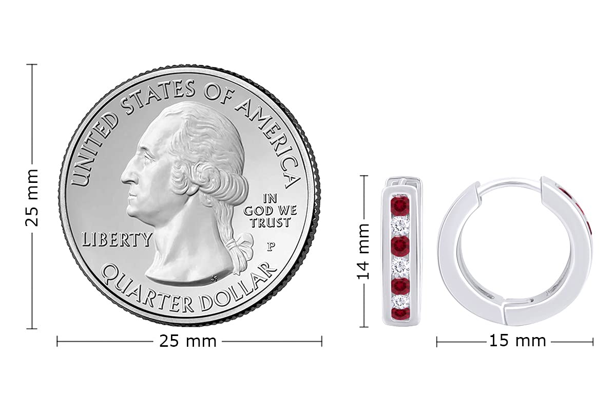 Huggie Earrings for Women, 14K White Gold Over Sterling Silver Hoop Earrings with Simulated Ruby and White Cubic Zirconia, Dainty Elegant Jewelry Gift