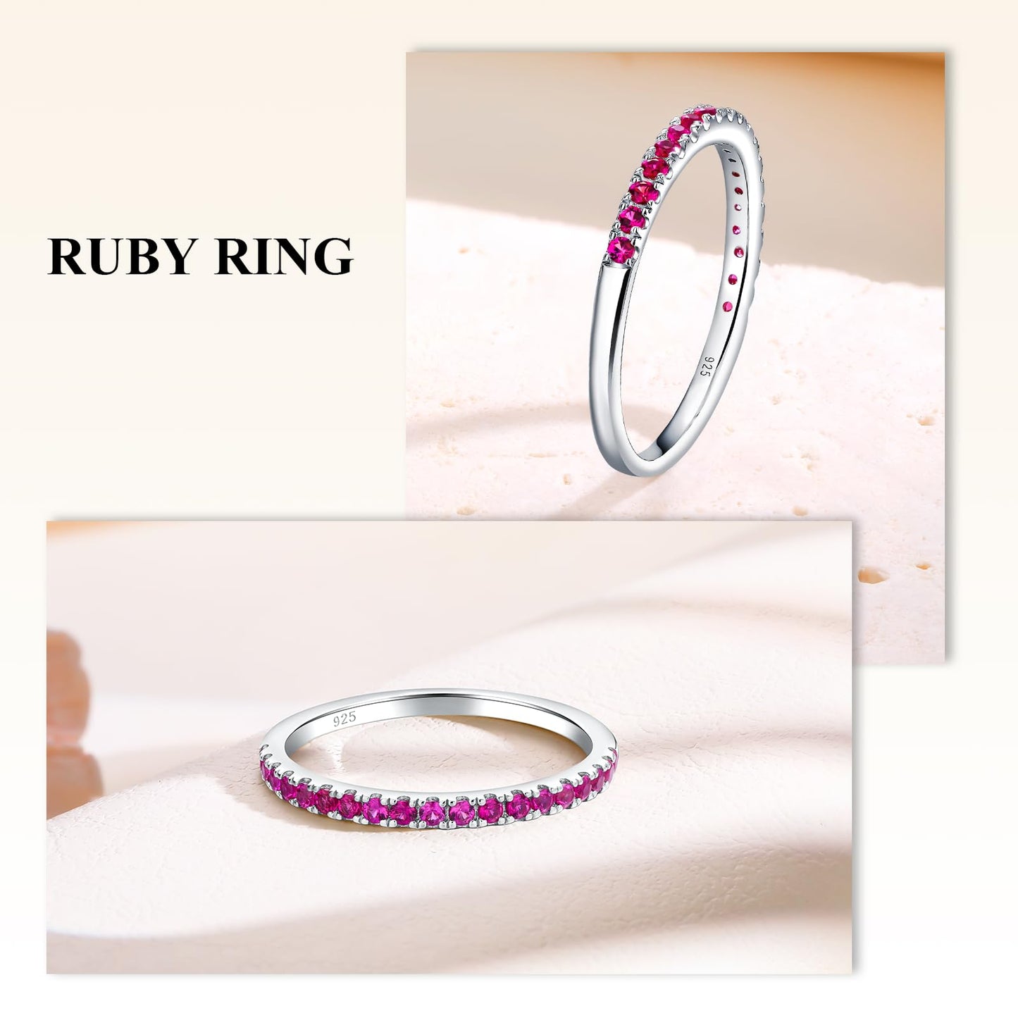 0.4 Cttw Ruby Wedding Ring 925 Sterling Silver Stackable Half Eternity Band July Birthstone Inlaid Red Stone Promise Cocktail Rings for Men Women, Size 7