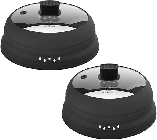 2 Pack Microwave Splatter Cover Glass Guard Lid with Collapsible Silicone for Food Pot Plate 8.5 inch and 9.8 inch Black, Tall Lid and Standard Size Lid