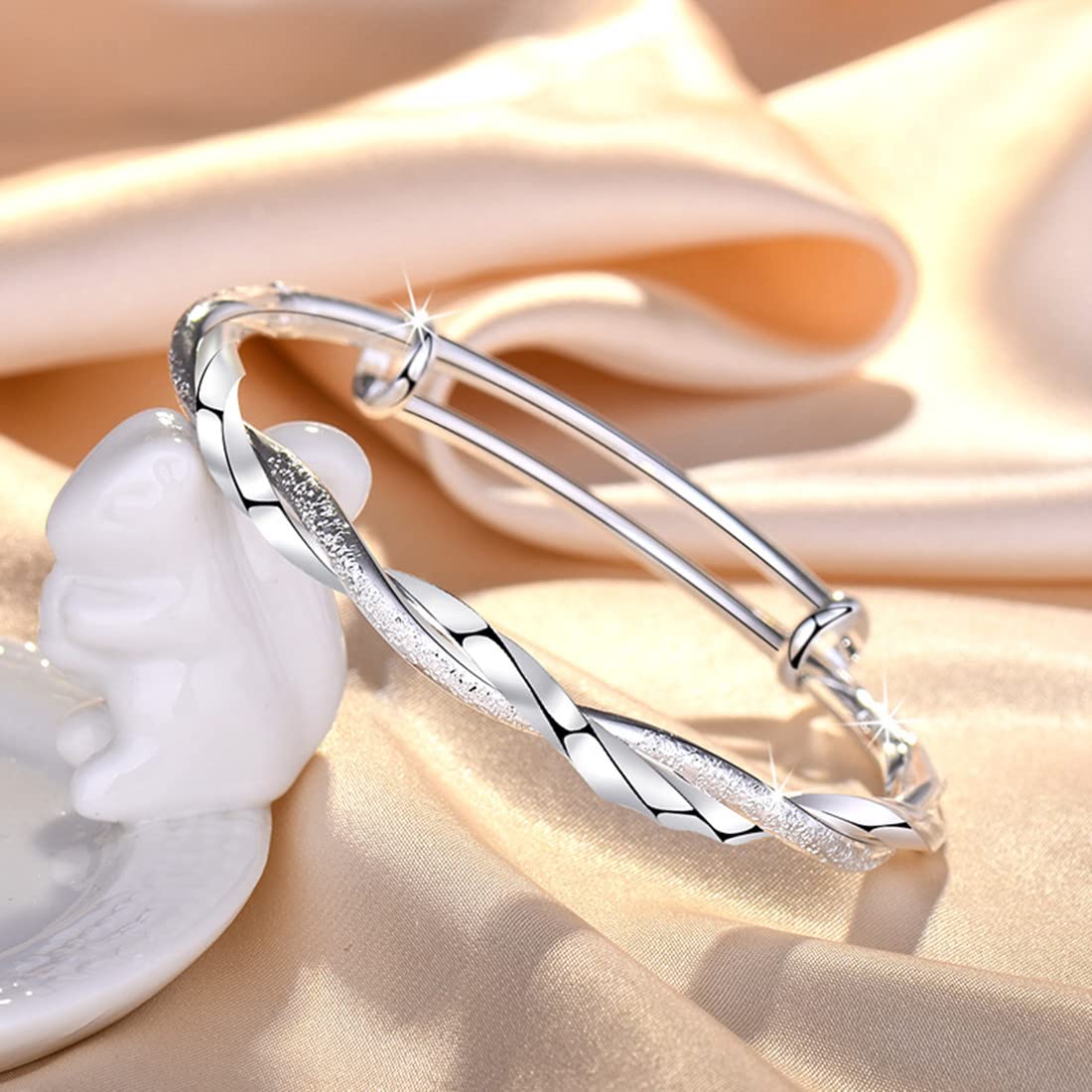 Sterling Silver Bangle Bracelets for Women,Fashion Jewelry Simple Adjustable 925 Silver Cuff Bangles for Women Mom Wife Valentine Mothers Day Gift