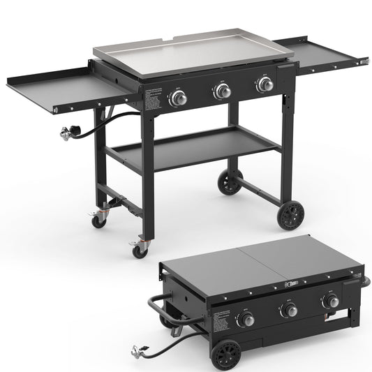 ADREAK 3 Burner Foldable Gas Griddle, 32 Inch Stainless Steel Portable Detachable Propane Griddle, 45,000 BTU Flat Top Barbecue Grill with Side Shelves for Camping