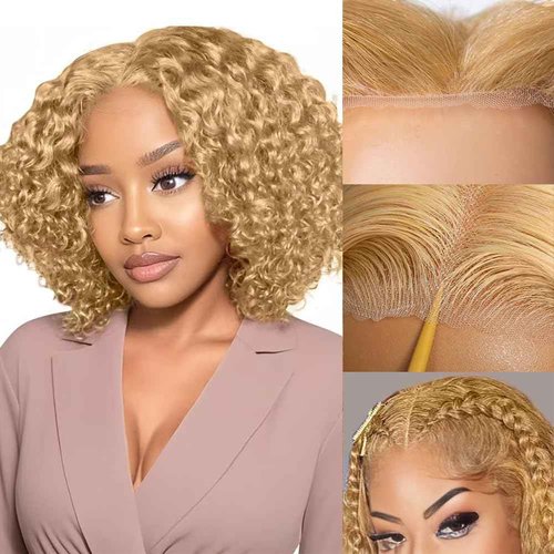 FABA Glueless Wigs Human Hair Pre Plucked Pre Cut Bob Blonde Curly Wig 7x5 Honey Blonde Deep Wave Wig Human Hair 180% Density Short Curly 10 Inch