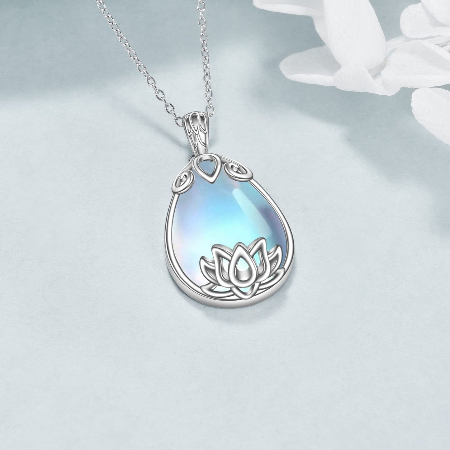 YAFEINI 925 Sterling Silver Moonstone Lotus Necklace Filigree Teardrop Pendant Necklace Jewelry Gift for Women (I-Lotus moonstone necklace)