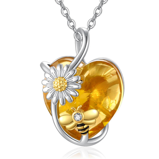 AENEAS Valentines Day Gifts for Women Her Bee Necklace 925 Sterling Silver Daisy Honey Bee Pendant Necklace with Love Heart Citrine Crystal Jewelry for Birthday Christmas Anniversary