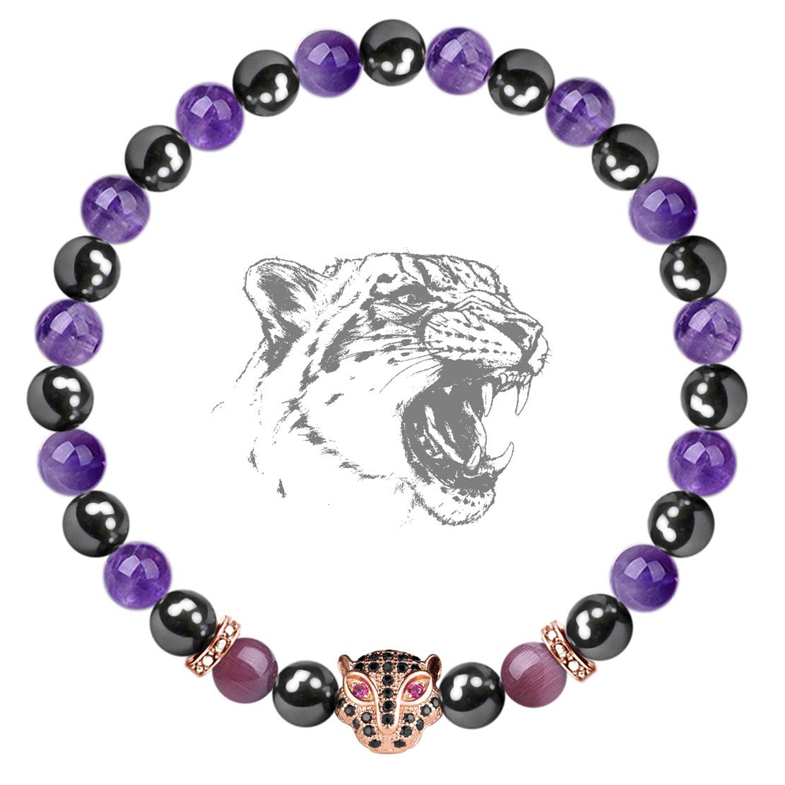 Karseer Womens Black Panther Gemstone Bracelet, 6MM Natural Crystal and Magnetic Energy Beaded Elastic Bracelet, Handmade Prayer Meditation Bracelet (Rose Gold)