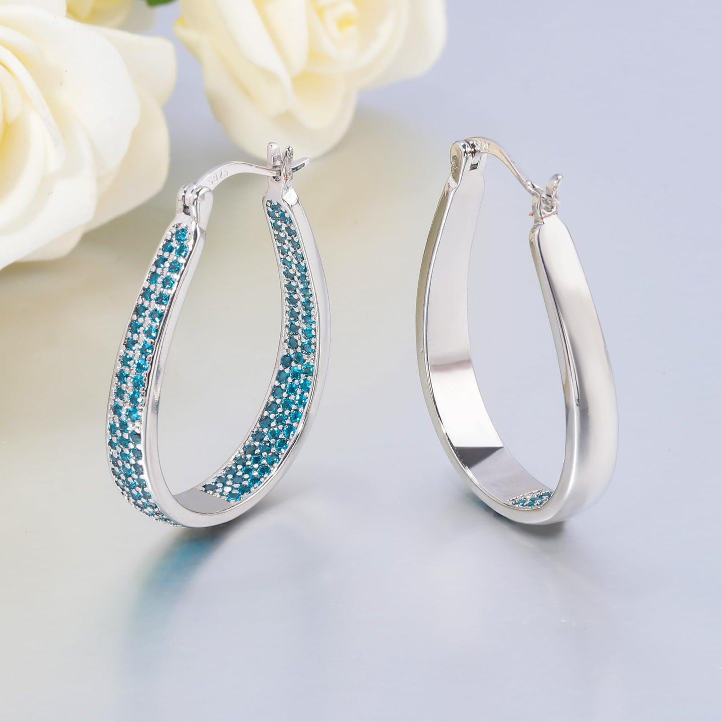 CiNily 925 Sterling Silver Post Hoop Earrings for Women Aquamarine Cubic Zirconia Hoop Earrings 14K White Gold Plated Oval Hoops Chunky Gemstone Earrings Jewelry