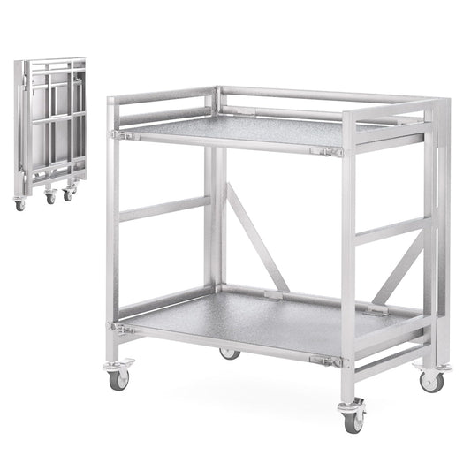 2 Shelf Rolling Cart with Wheels, 660lbs Capacity Collapsible Steel Rolling Utility Cart, Heavy-Duty Foldable Workbench, Metal Rolling Storage Cart with Handle for Groceries, Warehouse (36" Lx26 W)