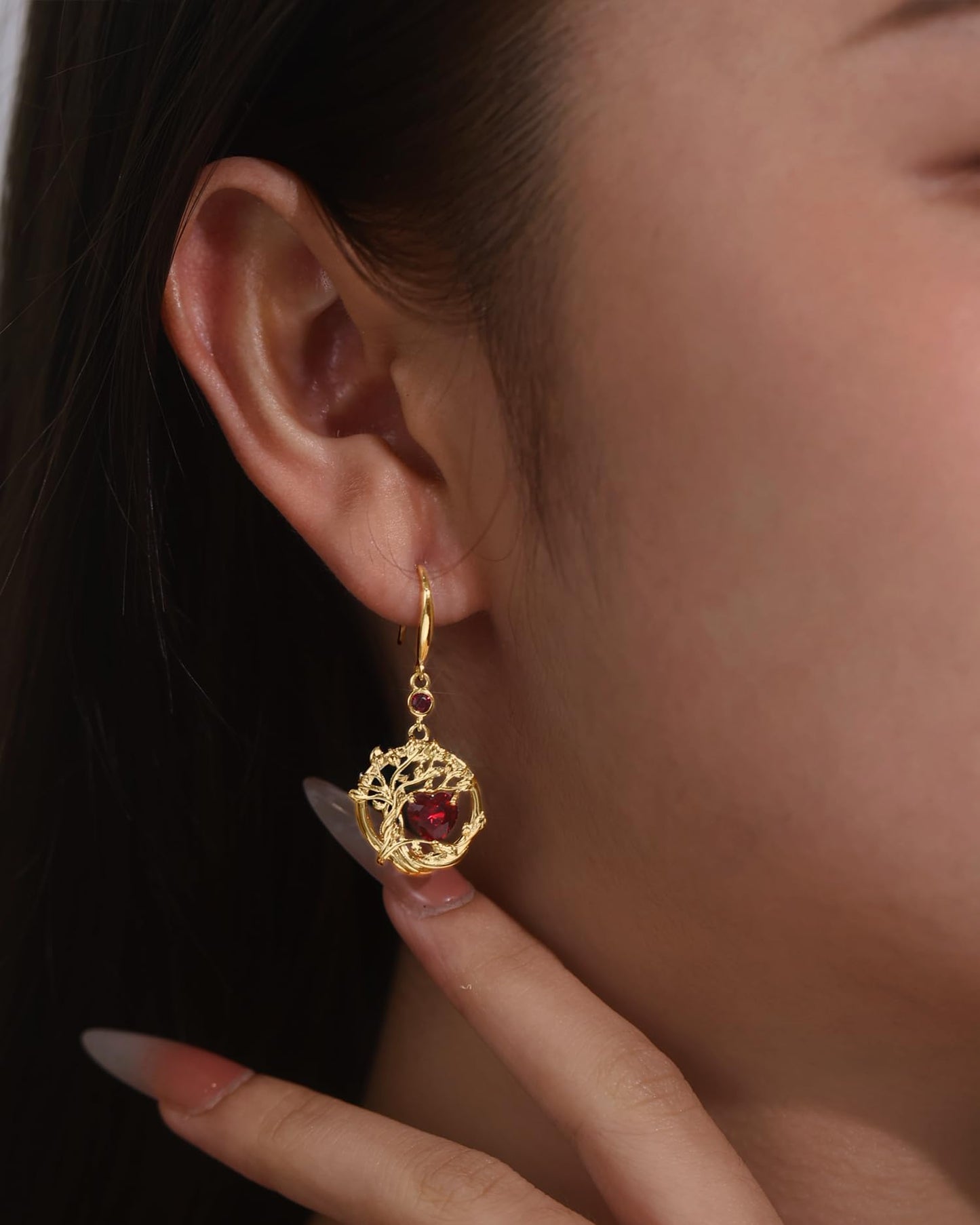 FANCIME Tree of Life Earrings 925 Sterling Silver Yellow Gold Plated Ruby Dangle Drop Red Gemstone Earring July Birthstone Jewelry Birthday Mothers Day Gifts for Mom Her Women