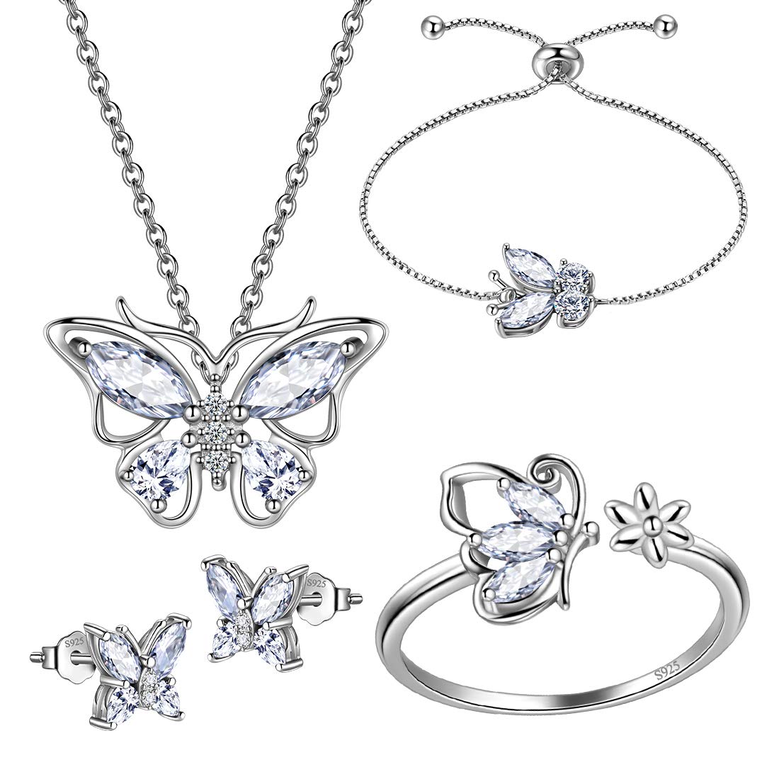 Hipunk Butterfly White Jewelry Sets Birthstone Women 925 Sterling Silver April-Diamond Birth Stone Animal Butterflies Jewelry Sets/Earring/Ring/Bracelet Set Crystal Birthday Jewelry SS0003W