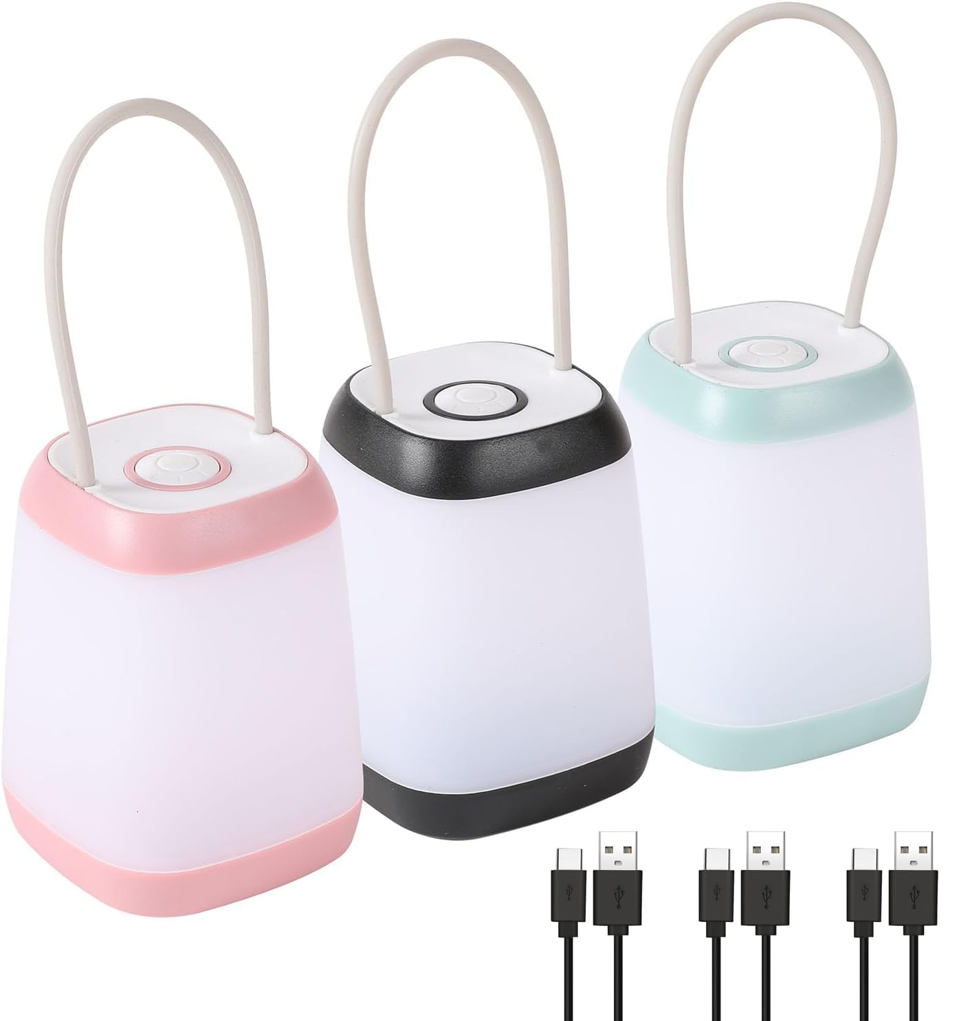 Hilngav 3 Pack LED Camping Light, 3 Light Modes Rechargeable Battery Powered Night Light for Indoor and Outdoor Emergency Light, Tent Lantern, Camping (Pink, Black, Green)
