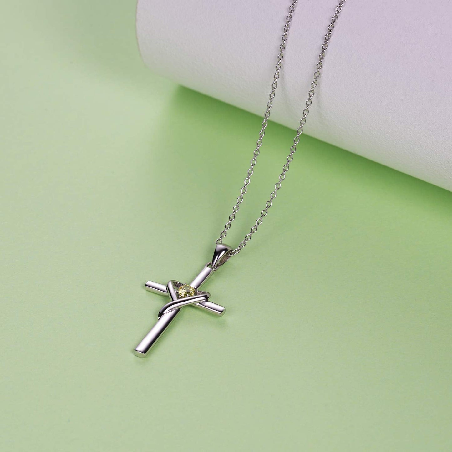 AmorAime 925 Sterling Silver Cross Necklace for Women Men 14K Gold Plated 5A CZ Birthstone Necklaces for Holiday (H.Green-August-Peridot)