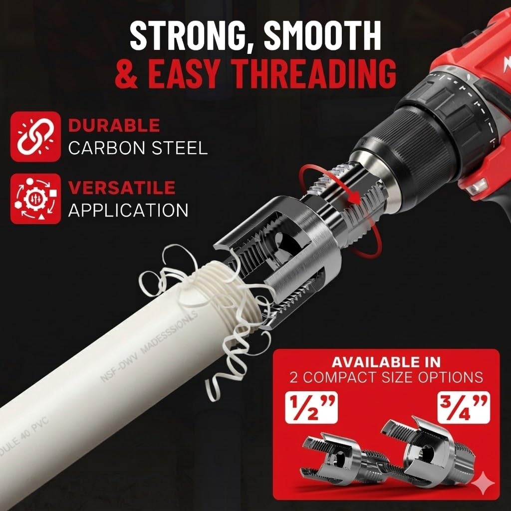 Premium 2 Packs PVC Pipe Threader 1/2 and 3/4 For Integrated Internal & External Threading Tool Break-resistant Rust-resistant Cutter Machuelos Tubo Set npt Dual-function Kit Opener