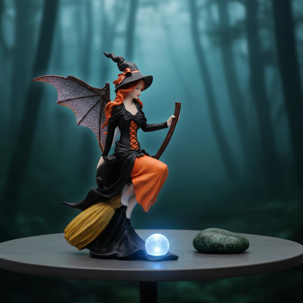 Comfy Hour 8" Gothic Fairy Witch Figurine on Broom, Fantasy Sorceress Statue with Mystical Wings, Spooky Halloween Indoor Decor Accent, Polyresin Artisan Crafted Sculpture, 1 Unit