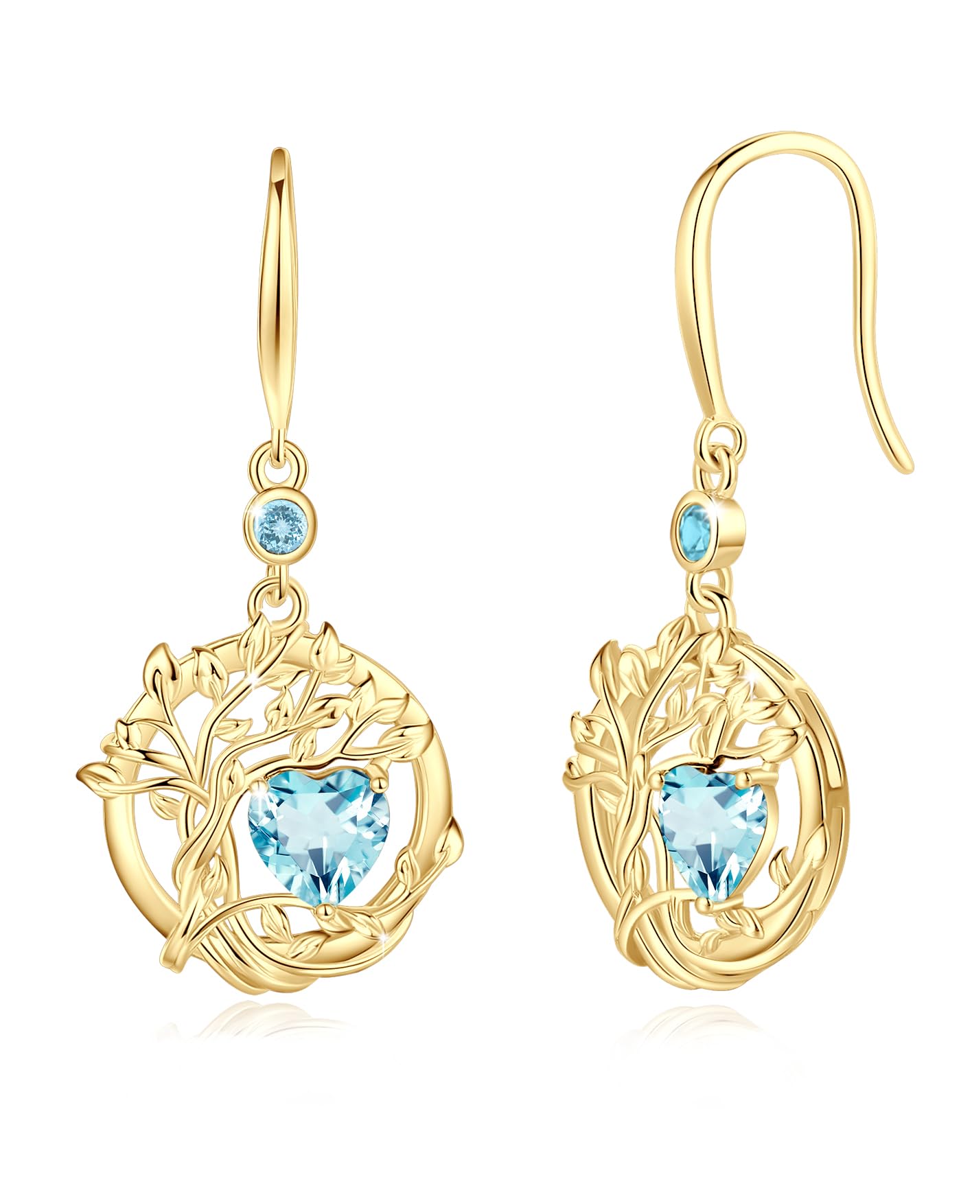 FANCIME Tree of Life Earrings 925 Sterling Silver Yellow Gold Plated Aquamarine Dangle Drop Blue Gemstone Earring March Birthstone Fine Jewelry Birthday Mothers Day Gifts for Women Her