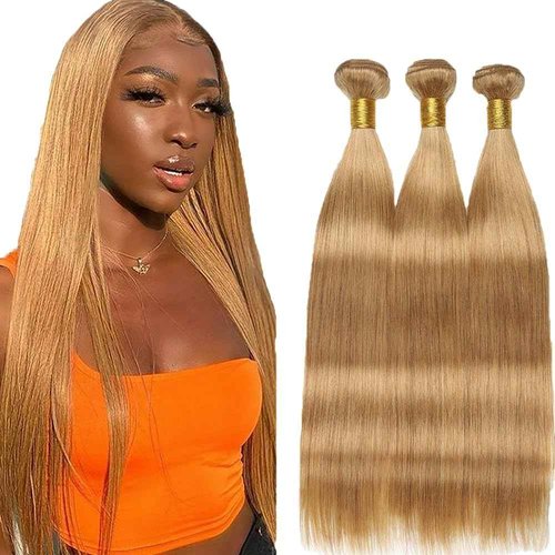 Fabimiya 26 28 30 Inch Human Hair Bundles Honey Blonde 27# Straight Bundles Human Hair 100% Unprocessed Soft Sewn In Hair with Double Weft for Black Women