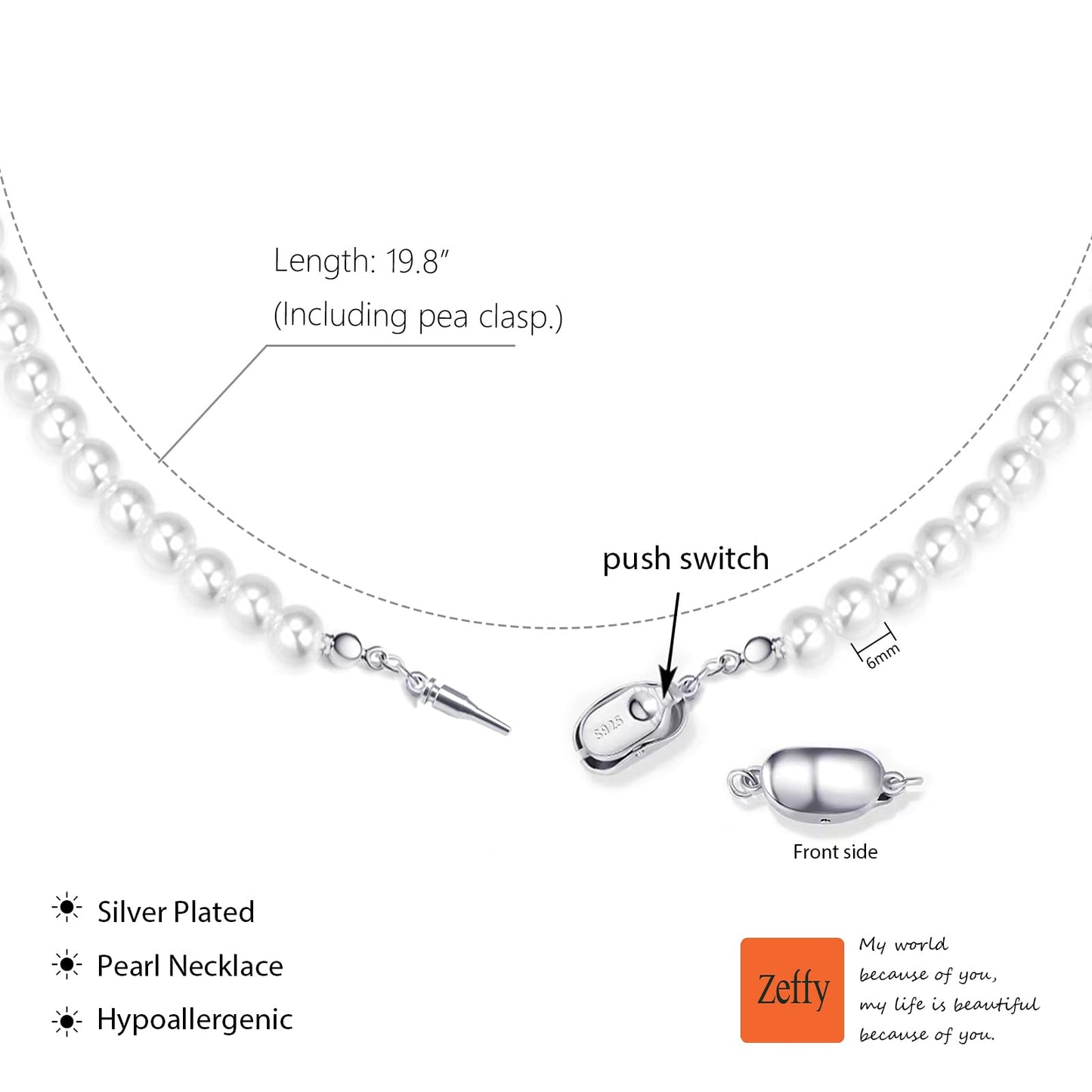 Zeffy Pearl Necklace for Women, 6MM Dainty Round Imitation Pearl Necklace Wedding Delicate Jewelry for Women Simple Bridesmaid Jewelry Gifts
