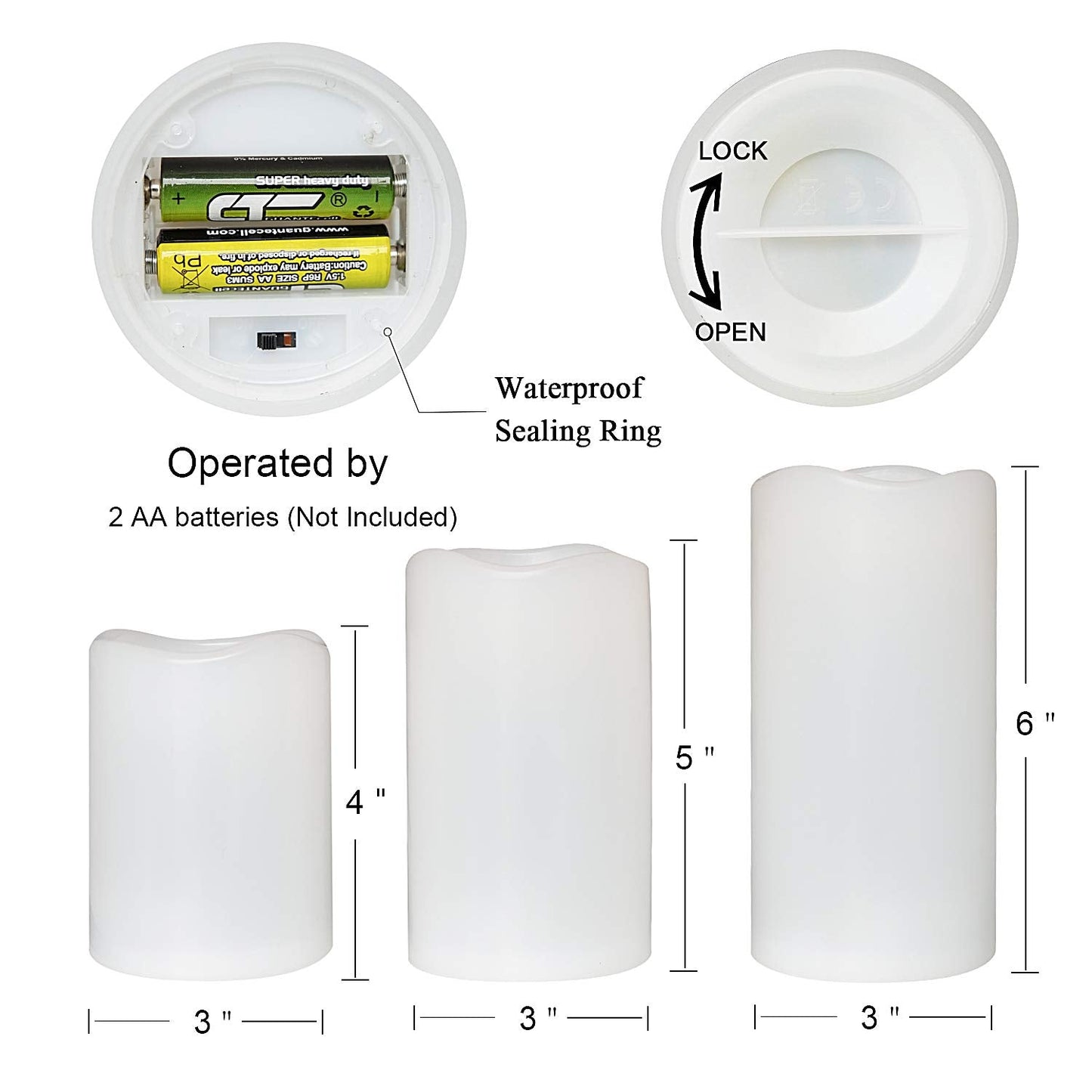 Eldnacele Waterproof Flameless Flickering Candles Weatherproof Battery Operated LED Candle with Remote and Timer White Plastic Pillar Candles Pack of 3 for Indoor Outdoor Lanterns D3”x H4” 5” 6”