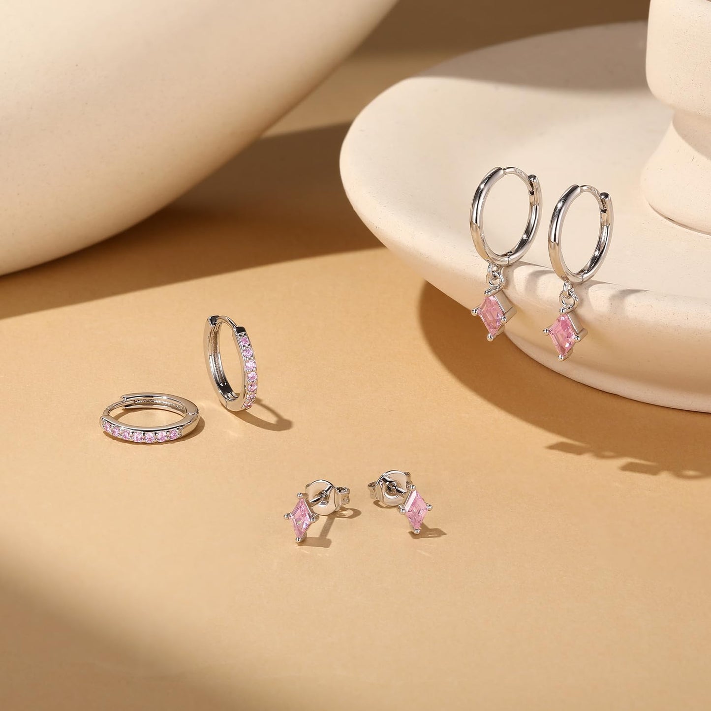 3 Pairs Sterling Silver Pink Earrings Set for Women, Hypoallergenic Silver Hot Pink Earrings for Women Dangling, Dainty Huggie Hoop White Earring Stacks Stud Earring Trendy Red Jewelry Gifts