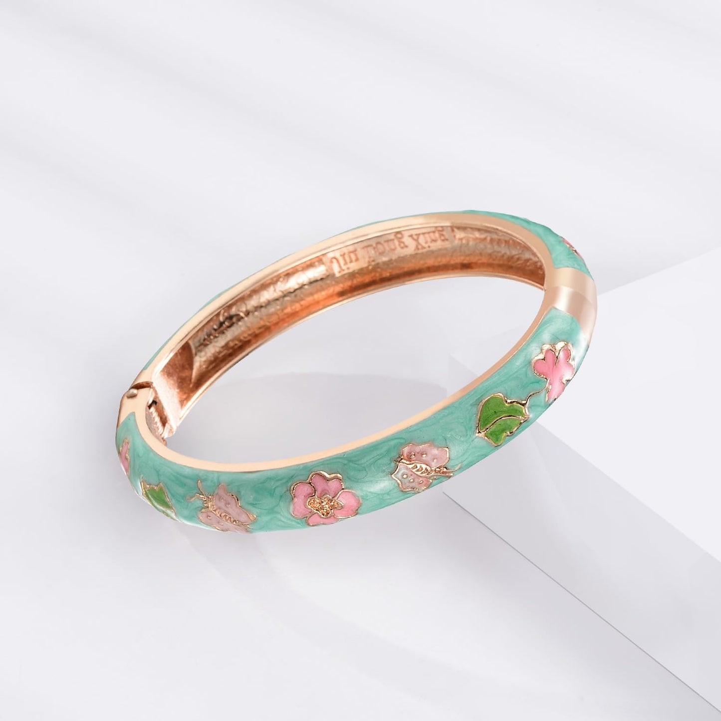 UJOY Cloisonne Bracelet Butterfly Gold Hinged Indian Bangles Flower Enamel Jewelry Bracelets Gift for Women 55A67-55A81 Green Pink