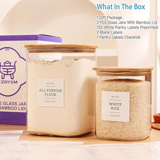 2 Pack large Square Glass Flour and Sugar Containers with 132 Kitchen Pantry Labels - 110 floz & 51 floz - Glass Jars with Airtight Bamboo Lid - Glass Rice Canisters for Coffee, Pasta, Cookie, Cereal
