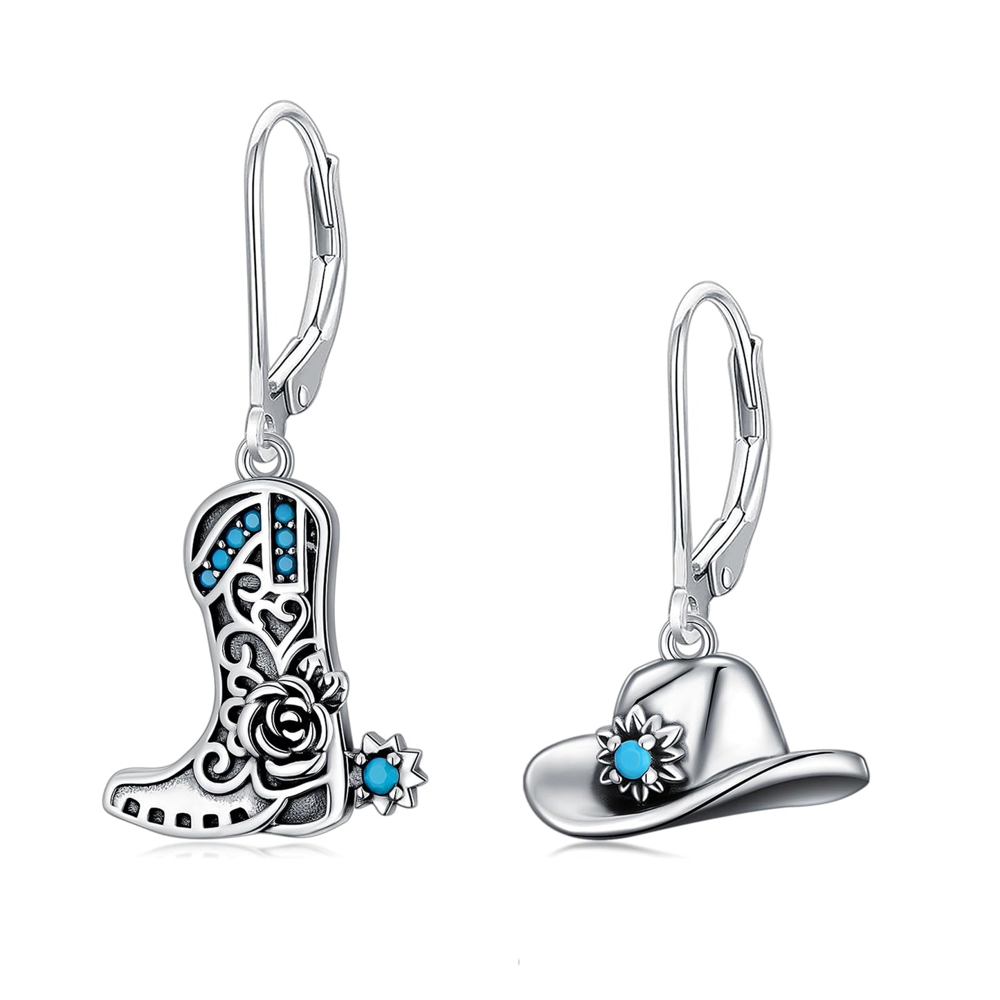 KoyeKei Cowboy Boot Earrings for Women 925 Sterling Silver Cowgirl Hat Texas Boot Dangle Drop Leverback Earrings Western Turquoise Jewelry Country Boho Gifts for Daughter Wife Girlfriend