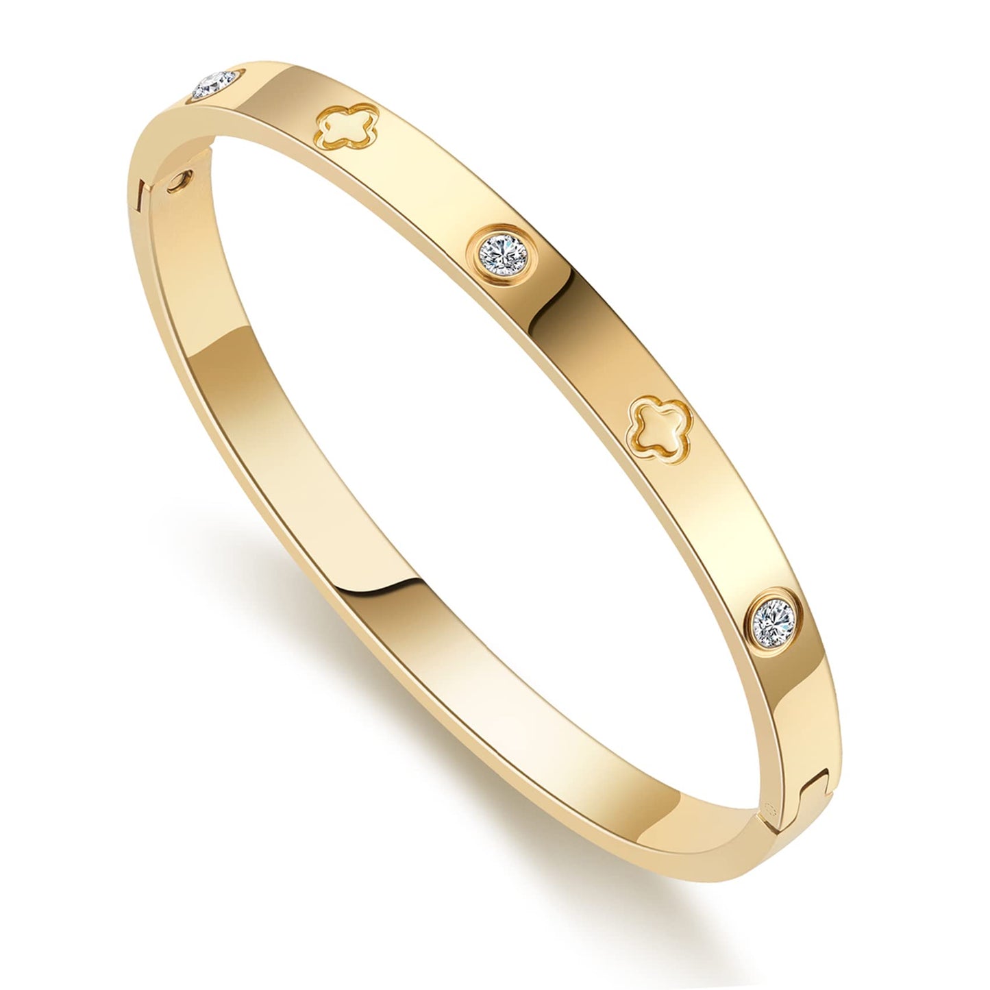 RIMRIVA 18K Gold-plated Bangle Bracelets for Women Love Gifts Clover Bracelet Stainless Steel Crystal Jewelry Birthday Her Anniversary Wedding Christmas Gifts Mom Wife Girlfriend Friends