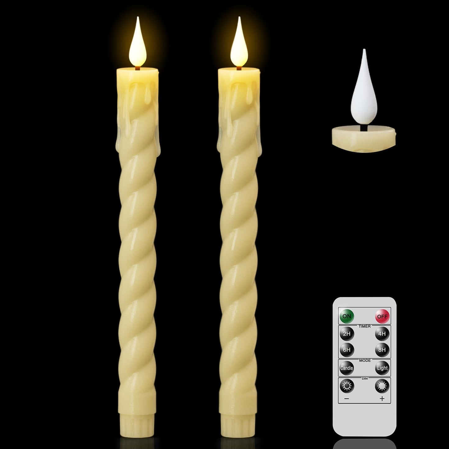 DRomance Flickering Flameless Taper Candles with Remote and Timer, 2 Pack Battery Operated LED Taper Candles 3D Wick Plastic Dripping Effect Dinner Wedding Holiday Decor(Ivory, 0.78" D x 9.65"" H)"