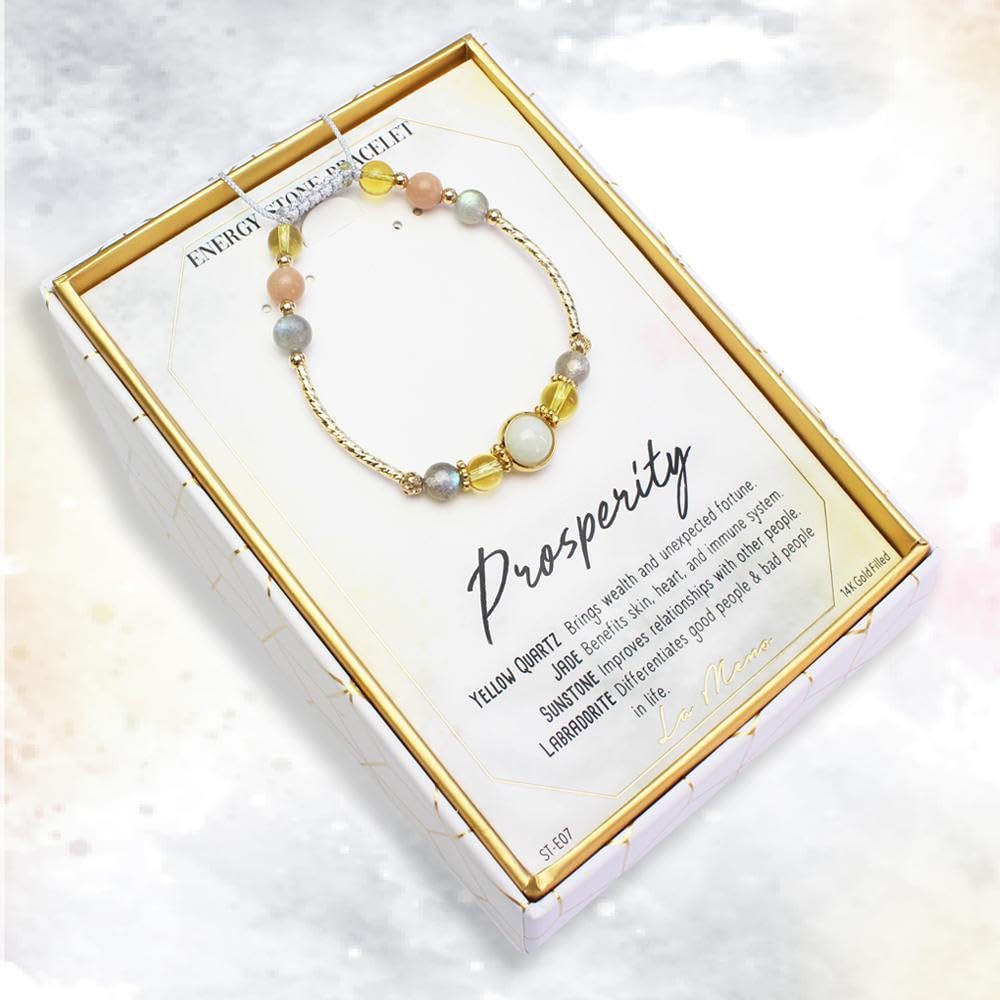 La Meno Energy Stone Bracelet Prosperity Handmade Natural Labradorite Yellow Quartz Sunstone Jade Adjustable Mother's day Birthday