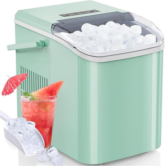 DUMOS Ice Makers Countertop with Handle Ice Machine, Fast in 6 Mins, 26lbs in 24 Hours, Quiet Self-Cleaning, Compact Size Portable for Home, Kitchen, RV, Camping,Modern Green