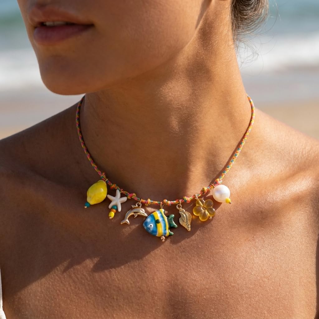Tyebiva Colorful Beaded Necklace for Women, Summer Beach Seashell Fish Rope Necklace, Chunky Ocean Jewelry Gift for Her, Vacation Party Accessory, Handmade Fashion